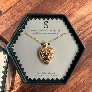 The letter S heart pendant necklace. 14k gold dipped. 16” necklace